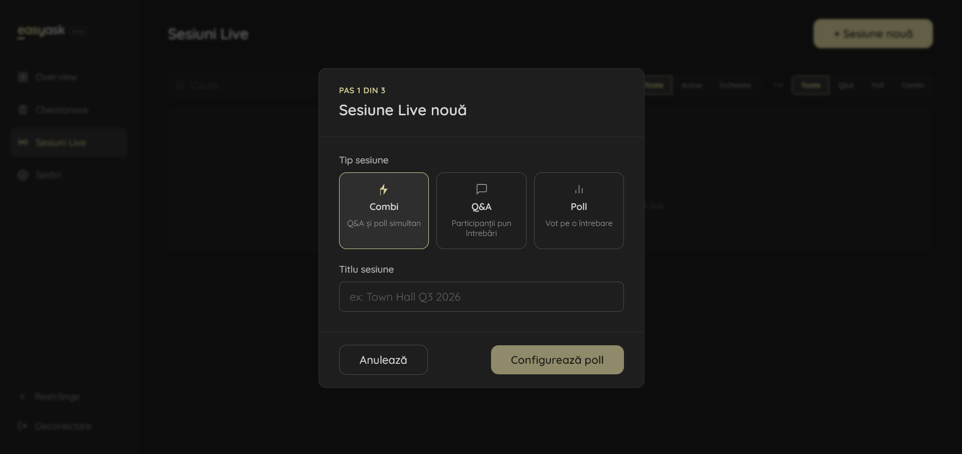 Creare sesiune live — tema dark